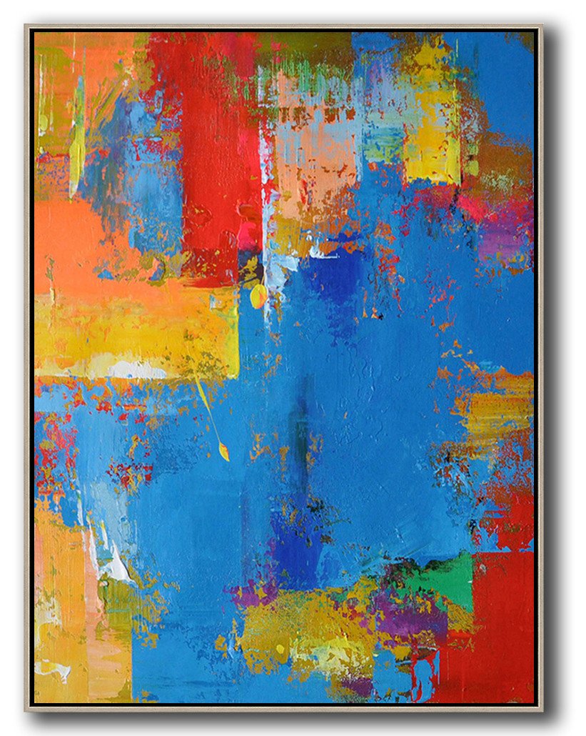 Huge Abstract Painting On Canvas,Vertical Palette Knife Contemporary Art,Hand Paint Large Clean Modern Art,Blue,Red,Yellow.etc
